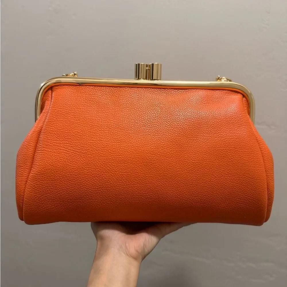 Orange Premium Pebble Cowhide Handmade Large Kiss Lock Handbag/ Multi Use Style